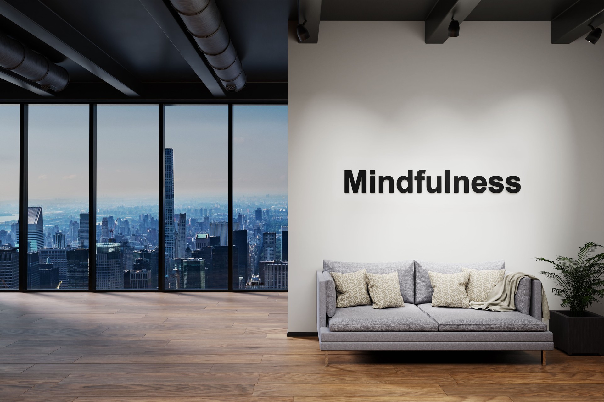 moderno loft de lujo con vista al horizonte y sofá vintage, pared con letras mindfulness, ilustración 3D